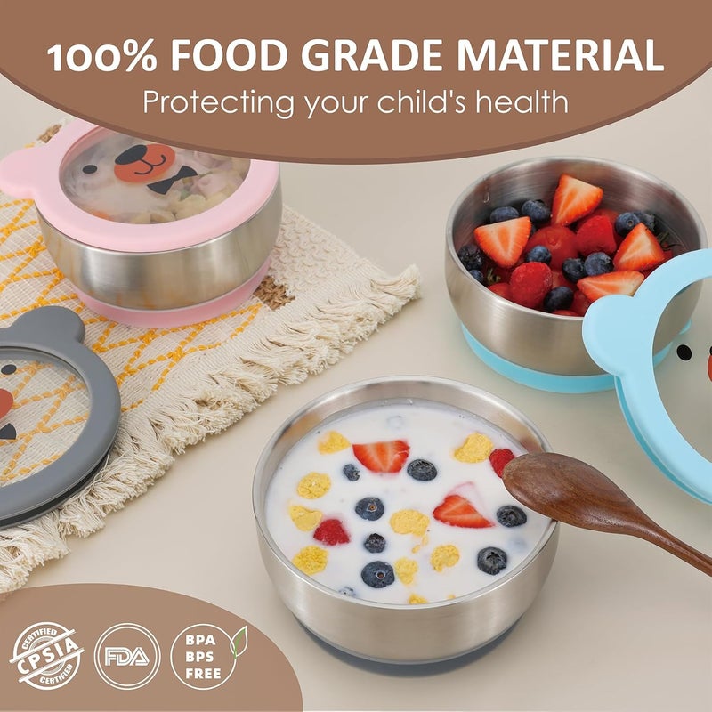 MR. CHOU Baby Bowls with Non-Slip Silicone Suction Cup, Insulated Double-Layer 18/8 Stainless Steel Toddler Bowls with BPA Free Airtight Lids, Food-Grade Silicone Safe for Kids (Gray) - Image 5